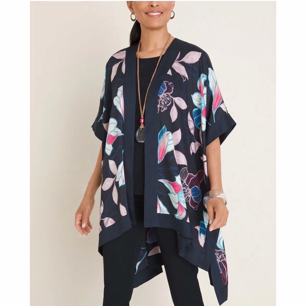 Oversized‎ Floral Kimono Navy Blooms Lightweight Layering Piece S/M Chico's